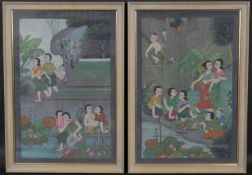 A pair of framed and glazed gouache studies, Eastern figures by a lake with lily pads. H.49 W.34.5cm