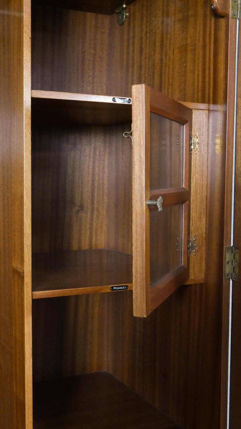 A mid century burr walnut gentleman's wardrobe fitted with interior glazed cabinet and labelled - Image 3 of 9