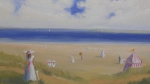 Miles Christopher Fairhurst (B.1955), oil on canvas, Victorian beach scene, signed. H.67.5 W.77.5cm