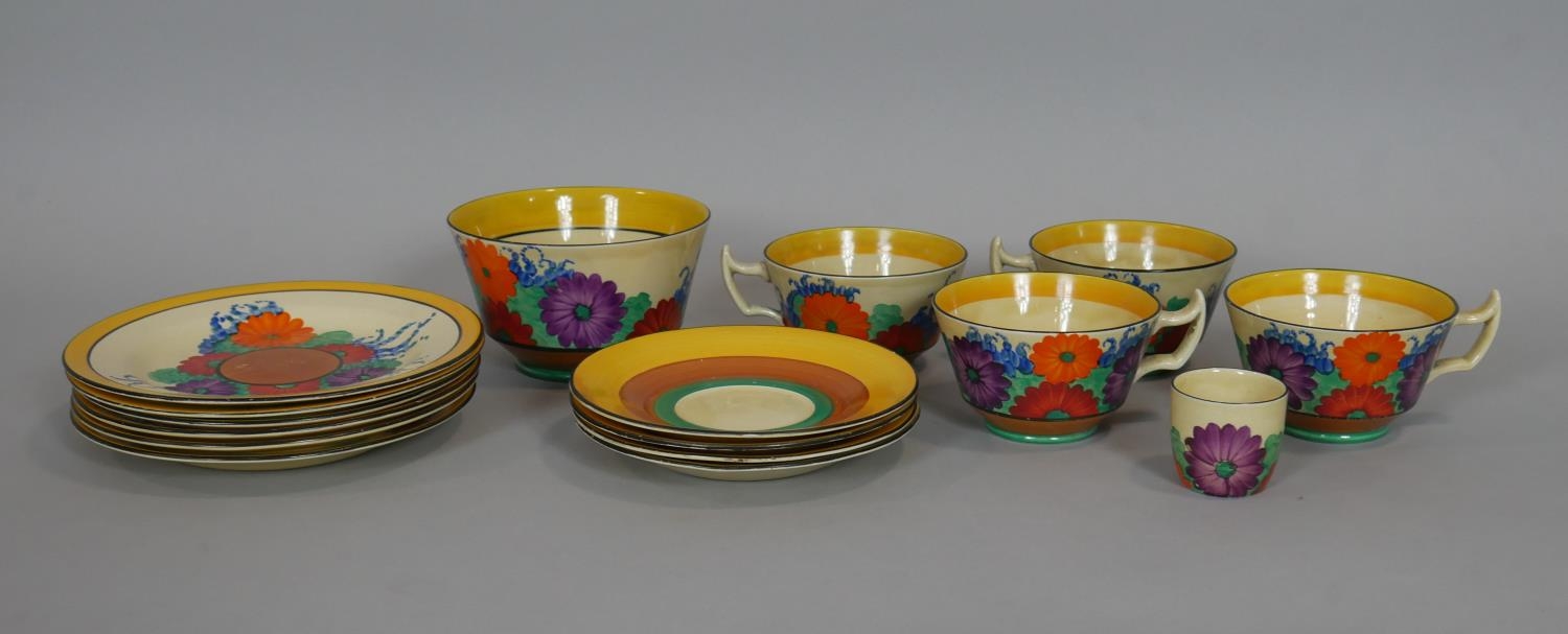 Clarice Cliff Bizarre Gayday pattern, hand decorated, four cups and their matching saucers in