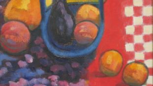 A framed oil on canvas board, still life fruit, The blue Basket, signed and dated Peter McDonald