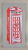 A signed and dated screen print on canvas of a red telephone box, signed T.D.Garwood,09. H.102 W.