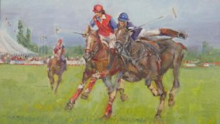 Andriy Yalansky (B.1959), framed oil on canvas, The Polo Match, signed with label to reverse. H.56.5