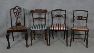 A mid Georgian mahogany dining chair on carved cabriole lion's paw supports along with two Regency