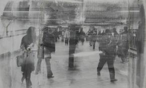 A large photo mixed media study of people at a station, indistinctly signed and dated. H.113.5 W.