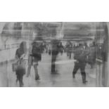 A large photo mixed media study of people at a station, indistinctly signed and dated. H.113.5 W.