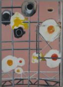 An unframed oil on board,surreal study, Eggs & Scaffolding, signed, dated and inscribed, Adam