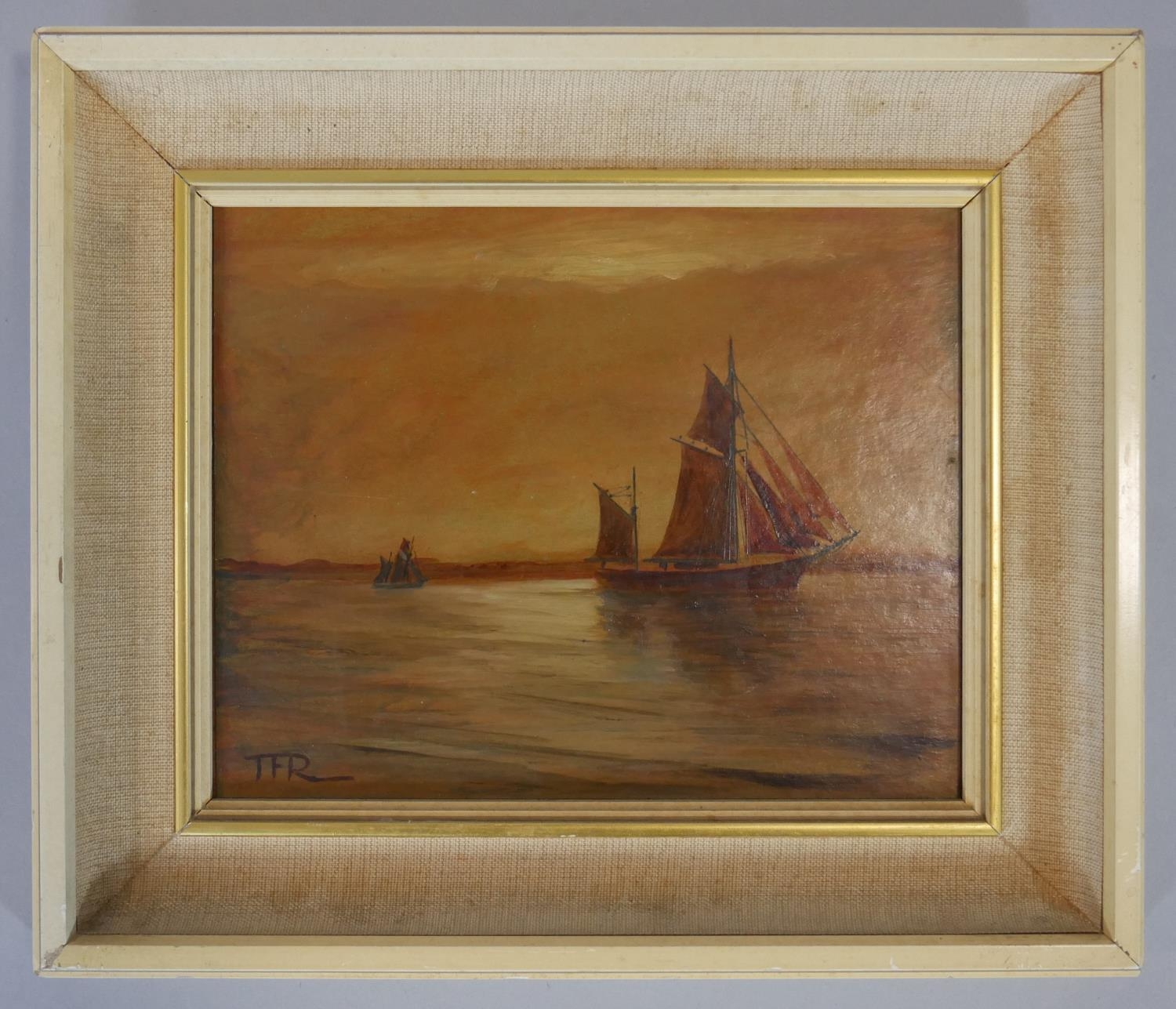 A framed oil on board, sailing ships, monogrammed TFR, inscribed Trows on the River Severn to the - Image 2 of 6