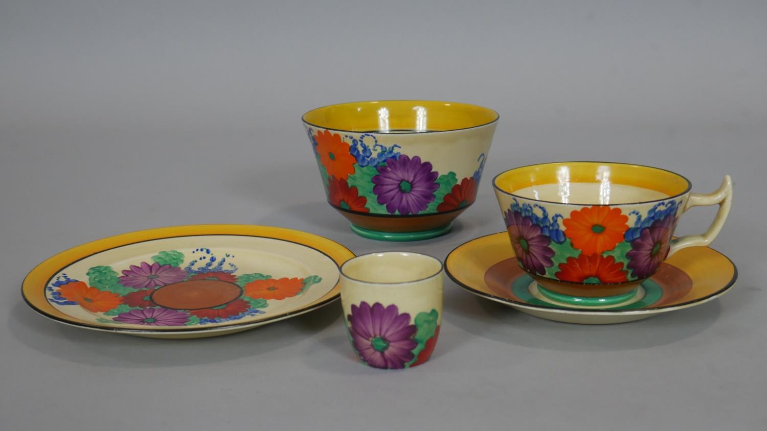 Clarice Cliff Bizarre Gayday pattern, hand decorated, four cups and their matching saucers in - Image 2 of 8