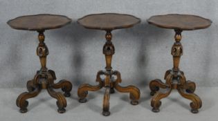 An unusual set of three early 20th century William and Mary style walnut occasional tables with