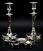 A collection of silver and silver plate. Including a white metal engraved trinket dish, a pair of
