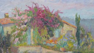 Isabelle de Ganay (B.1960), oil on canvas, rural buildings with profusely blooming gardens, South of