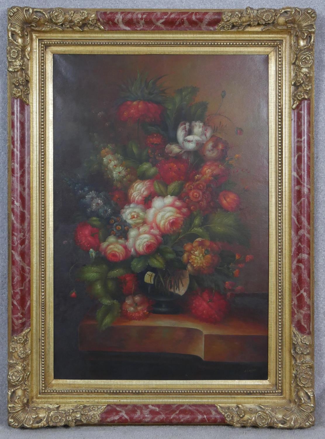 A Dutch school oil on canvas, still life flowers, indistinctly signed, ornate gilt framed. H.114 W. - Image 2 of 5