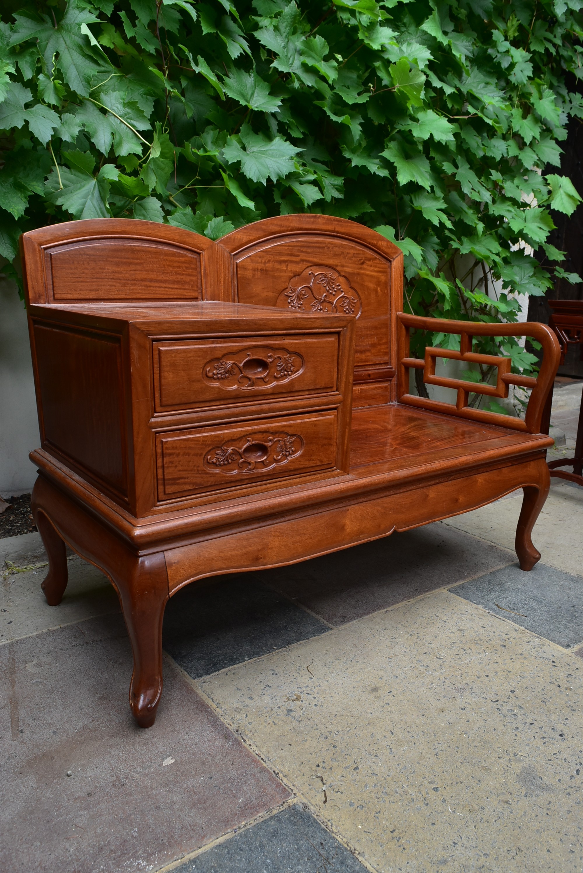 A carved Chinese hardwood hall seat fitted with drawers on cabriole supports. H.79 W.100 D.48cm - Image 5 of 8