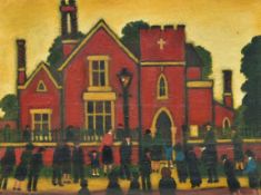 In the manner of Lowry, glazed oil on canvas, figures outside a church; Sunday Comes Around Very