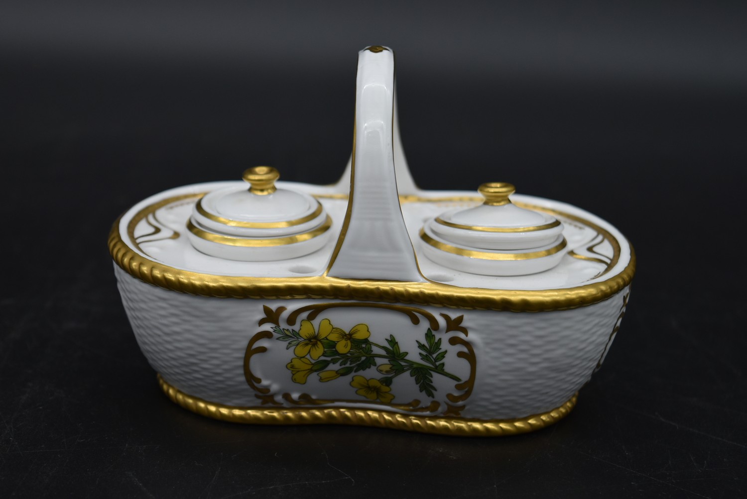 A Continental porcelain hand gilded and decorated lidded caddy, a twin lidded Spode basket and a set - Image 8 of 11