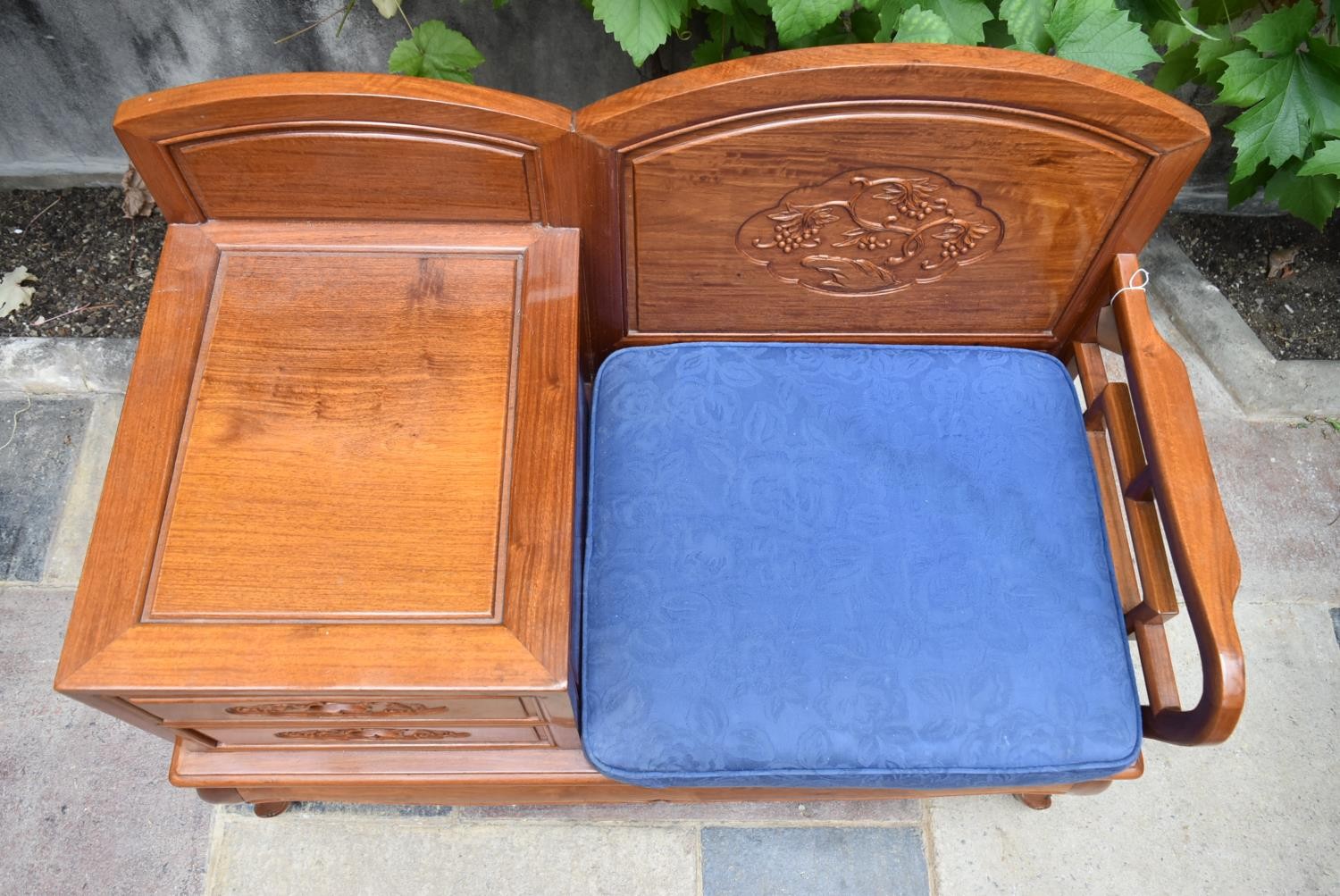 A carved Chinese hardwood hall seat fitted with drawers on cabriole supports. H.79 W.100 D.48cm - Image 4 of 8