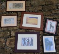 A collection of six framed and glazed prints to include Russian banknotes and African tribal and