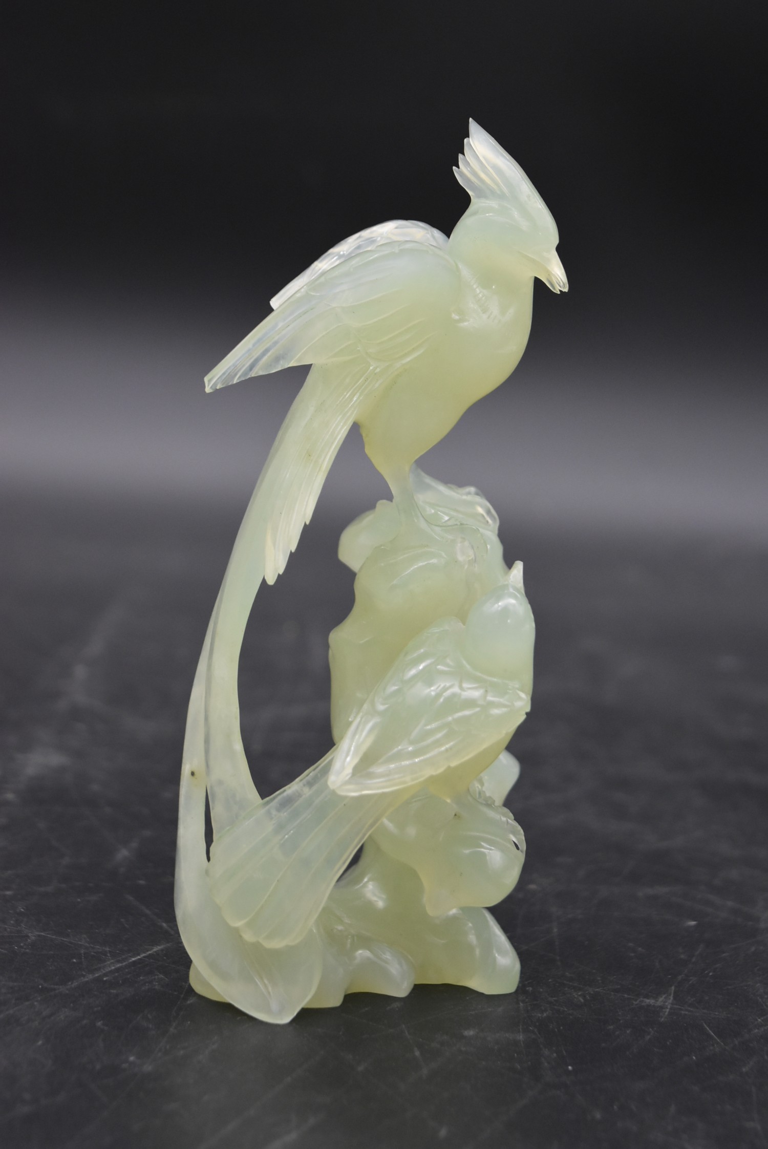 Two Chinese carved and pierced jade figure groups of song birds among blossom and foliage. One - Image 6 of 6