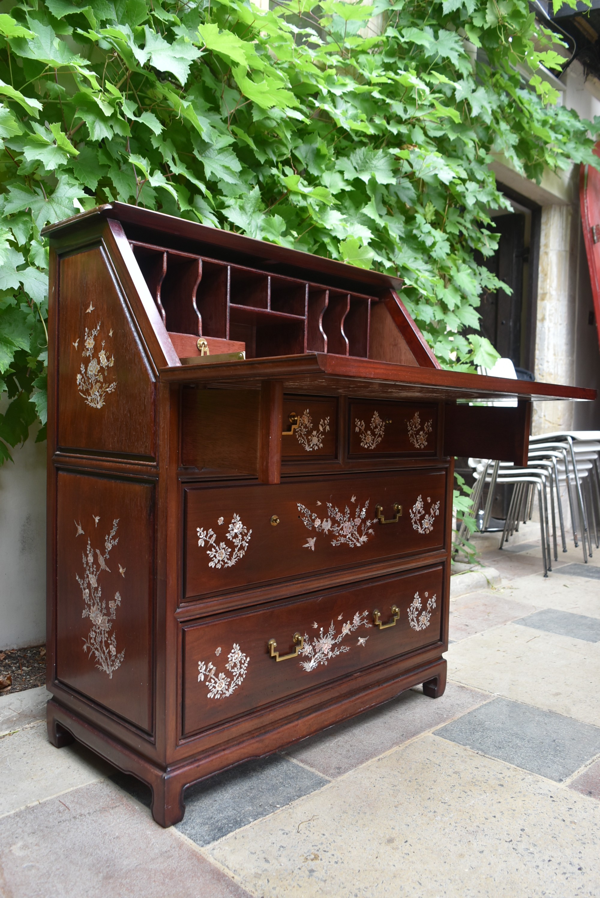 A Chinese hardwood bureau with fall front revealing fitted interior and with profuse all over mother - Image 5 of 6