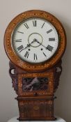 A 19th century drop dial wall clock with enamel face and Roman numerals in inlaid walnut case. H.