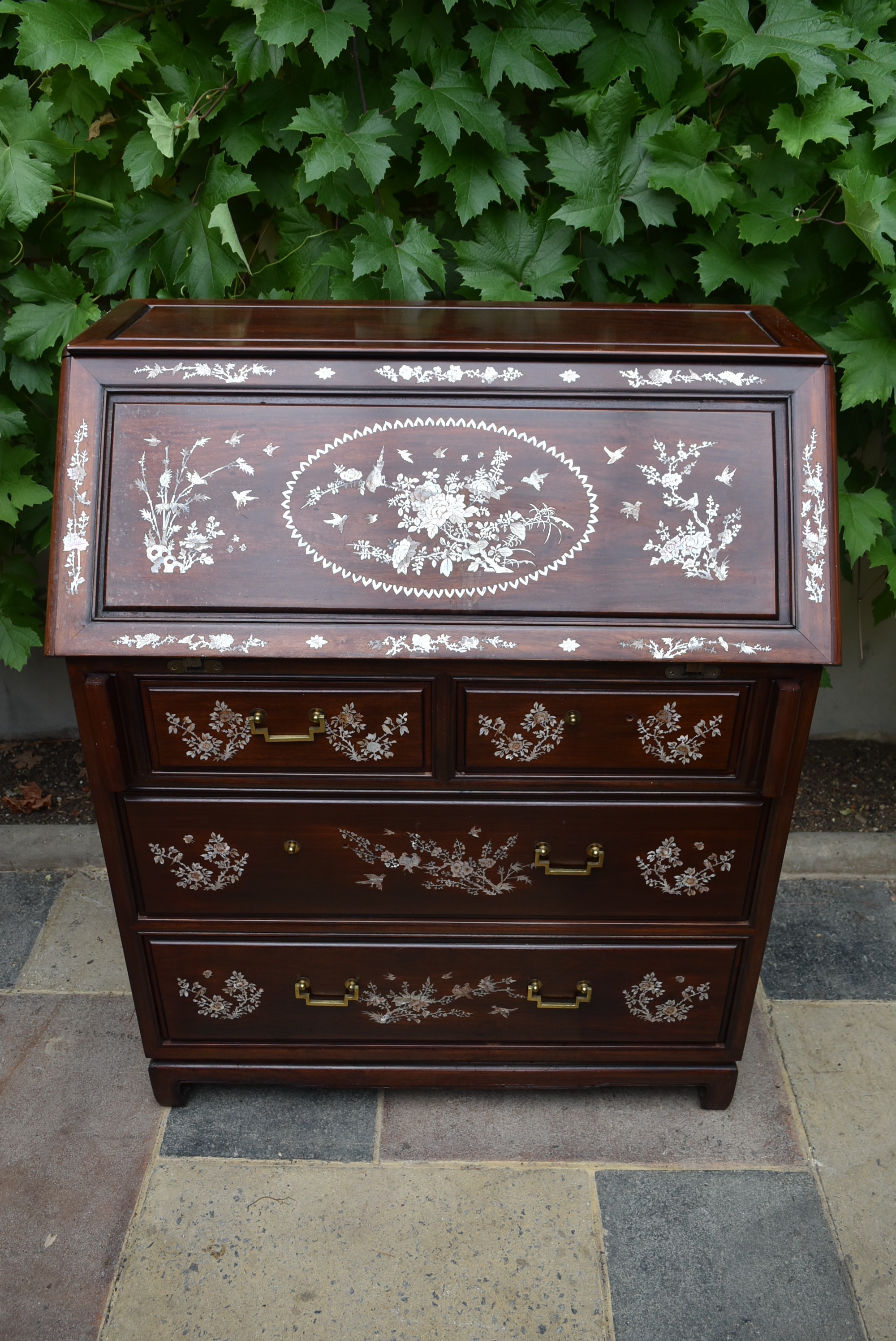 A Chinese hardwood bureau with fall front revealing fitted interior and with profuse all over mother - Image 3 of 6