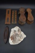 Two vintage inlaid cribbage boards, various African carved items and a Roman style relief panel. H.