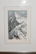 A framed and glazed crayon and watercolour, a rocky mountain, monogrammed. H.46 W.36cm