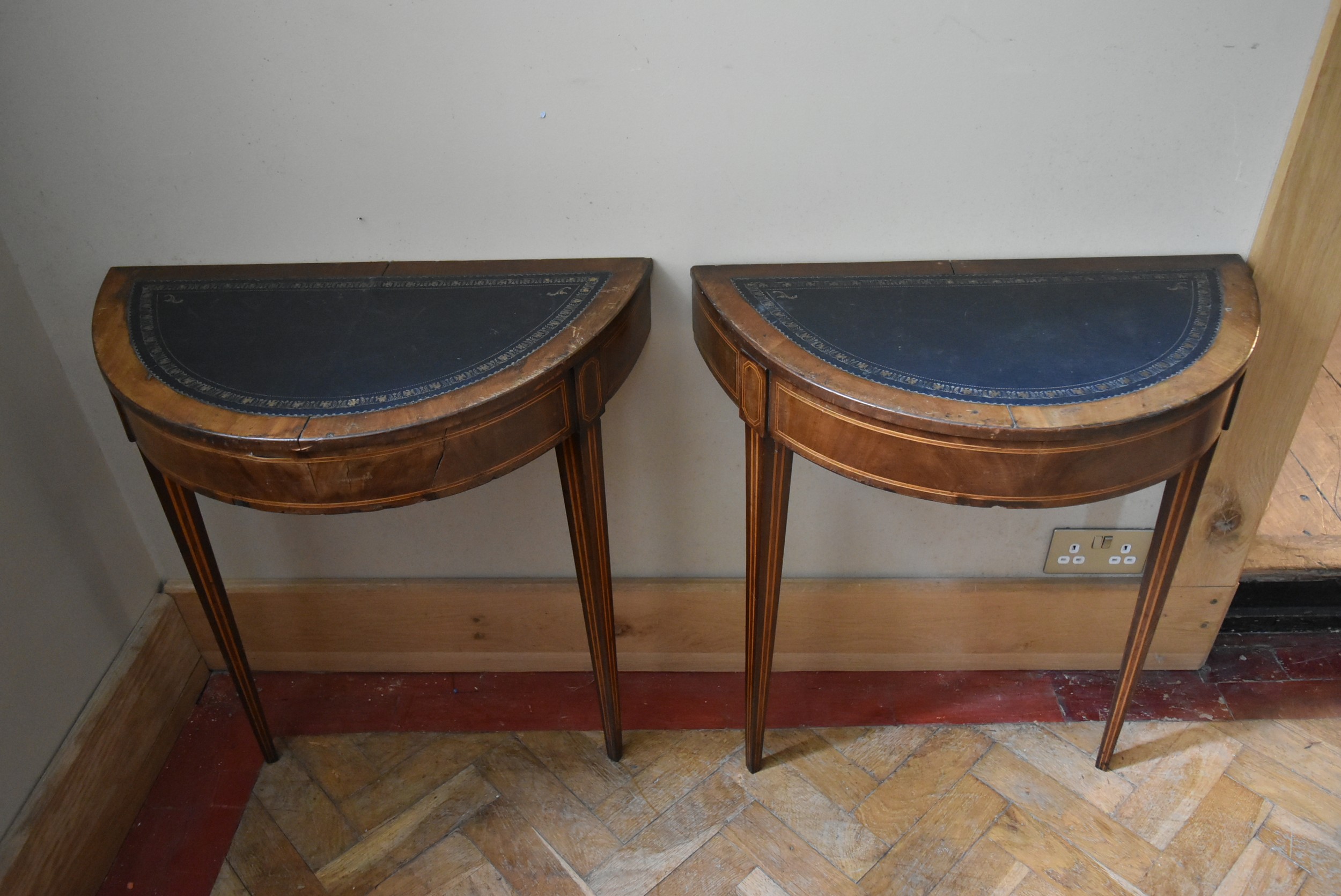 A pair of 19th century mahogany and satinwood strung demi lune console tables with inset leather - Image 2 of 4