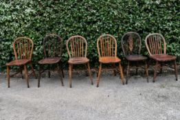 A collection of 6 country Windsor chairs with classical hoop back and spindles and one with