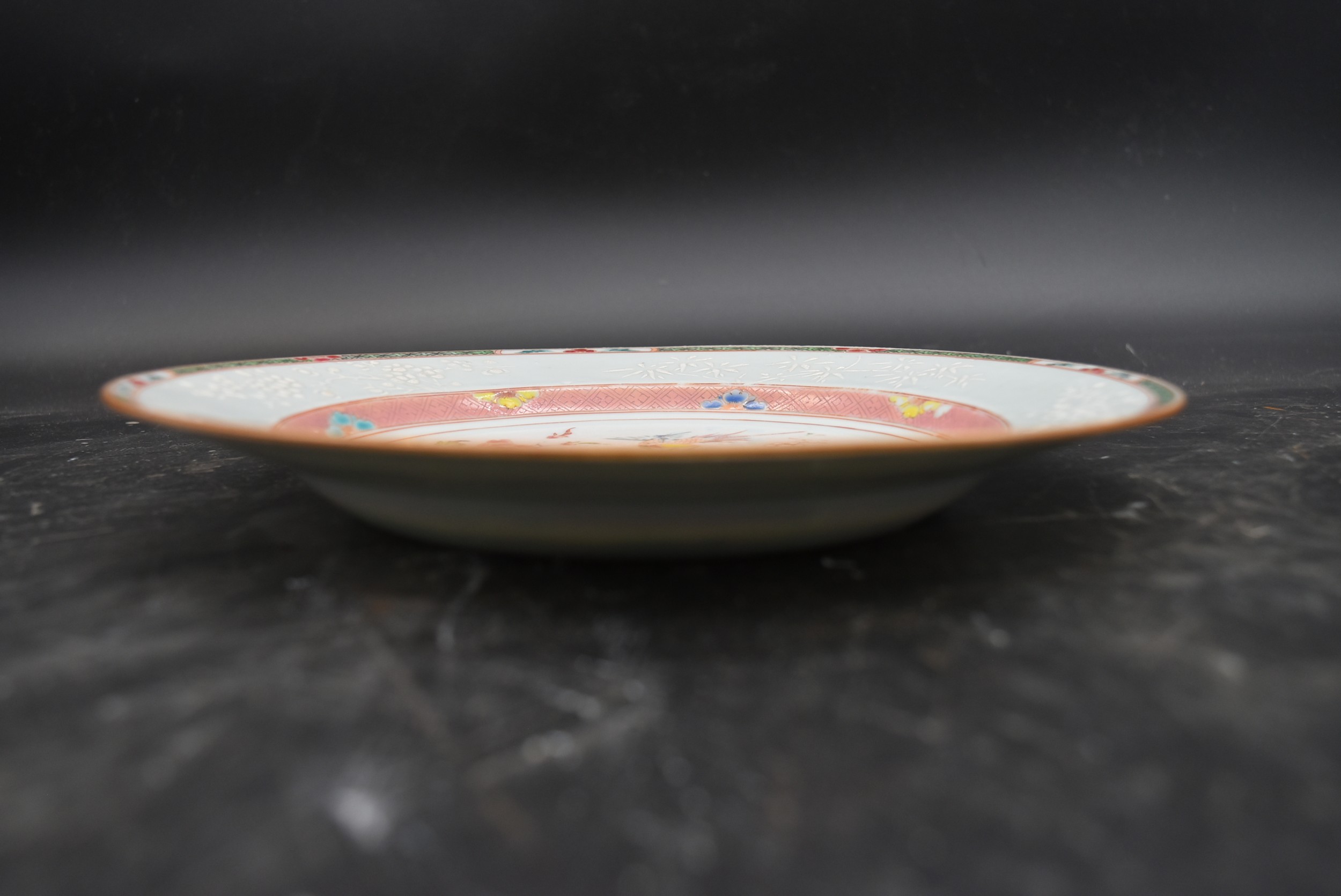 An 18th century Famille Rose Chinese glazed porcelain plate with cuckoo and house design with - Image 4 of 5