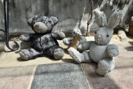 Ross Bonfanti, concrete and mixed material sculpture, a bunny, a teddy and a duck, signed and dated.