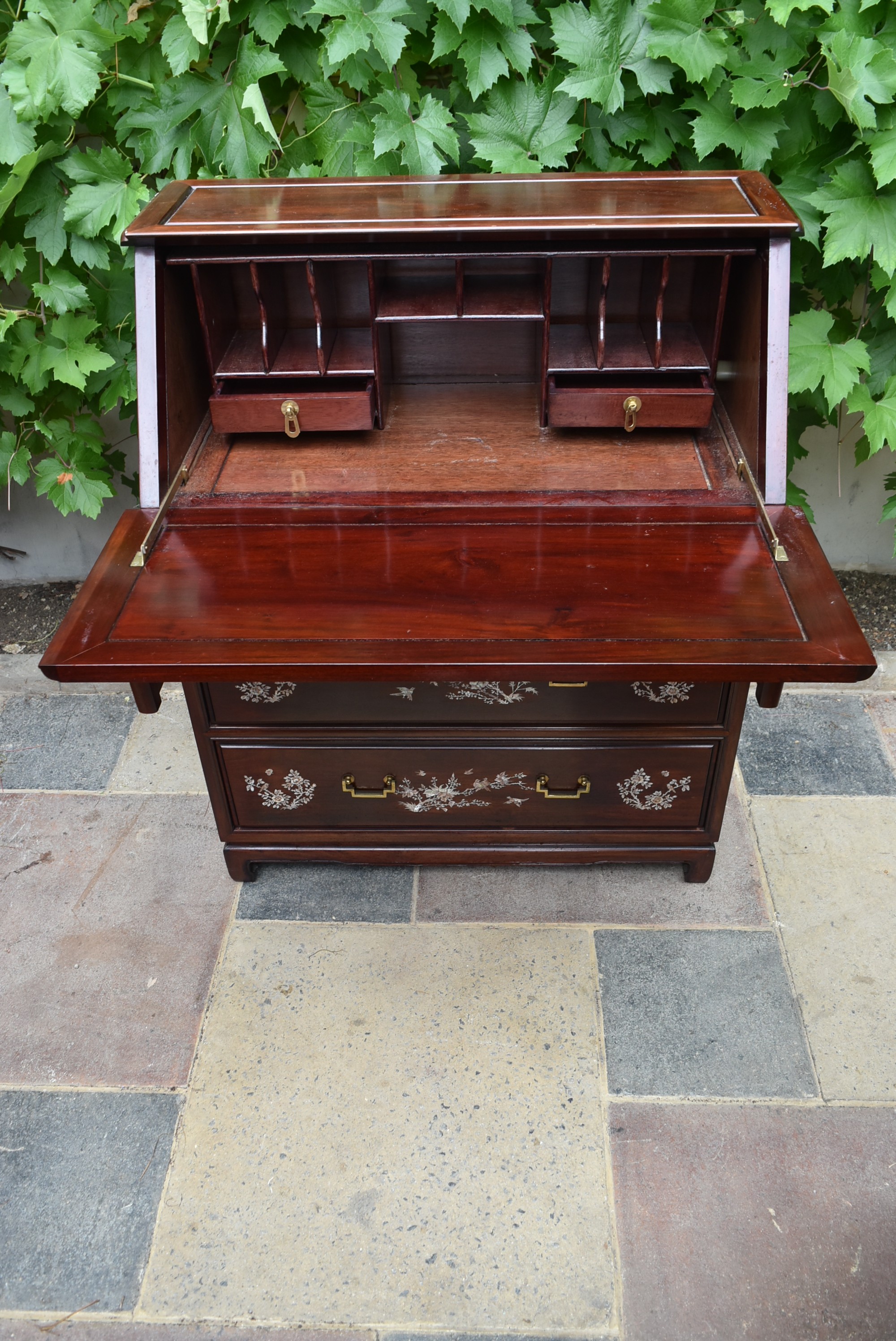 A Chinese hardwood bureau with fall front revealing fitted interior and with profuse all over mother - Image 6 of 6