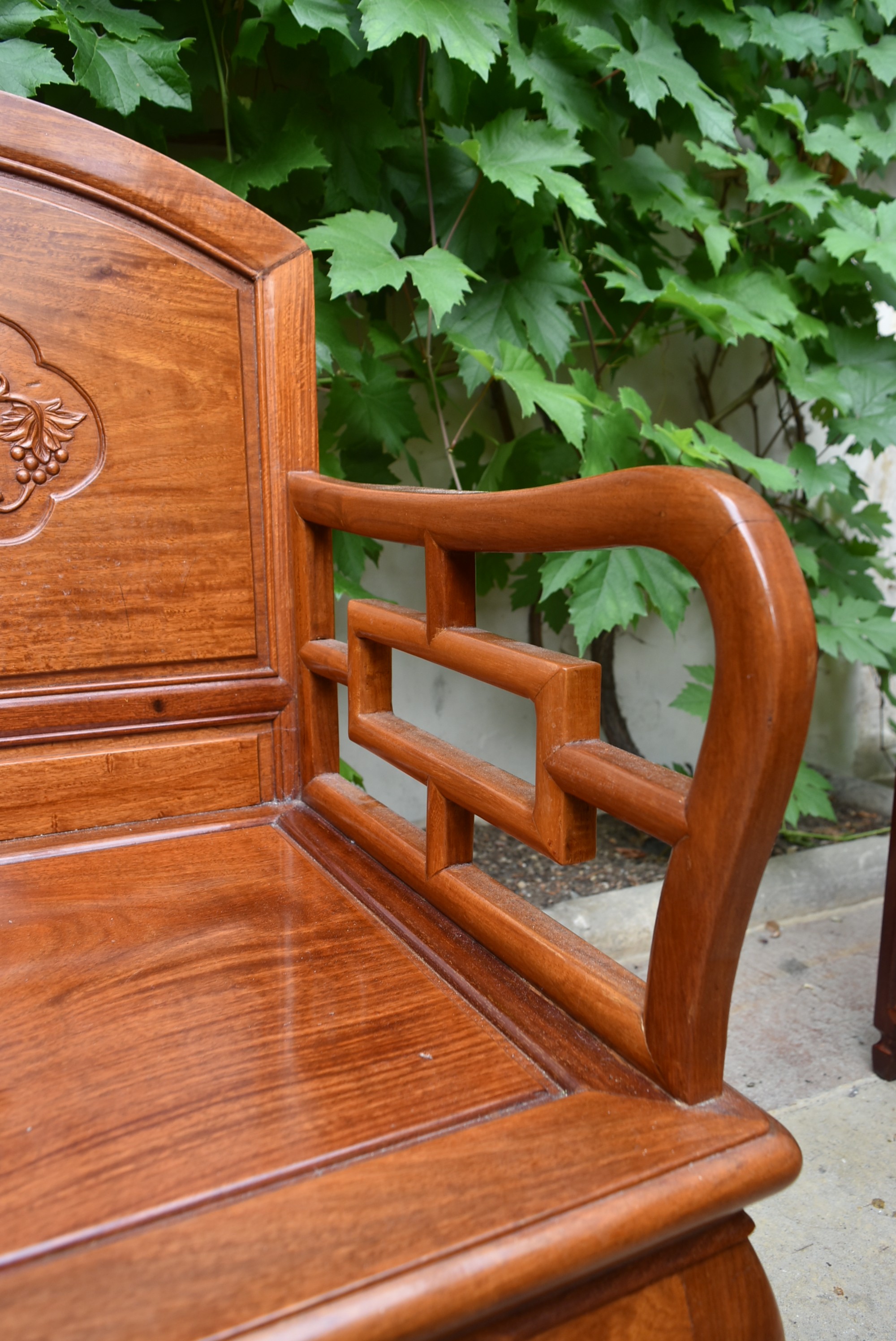 A carved Chinese hardwood hall seat fitted with drawers on cabriole supports. H.79 W.100 D.48cm - Image 7 of 8