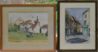 Two framed and glazed watercolours, a Cornish street scene and Canon Cottage, both signed. H.50 W.