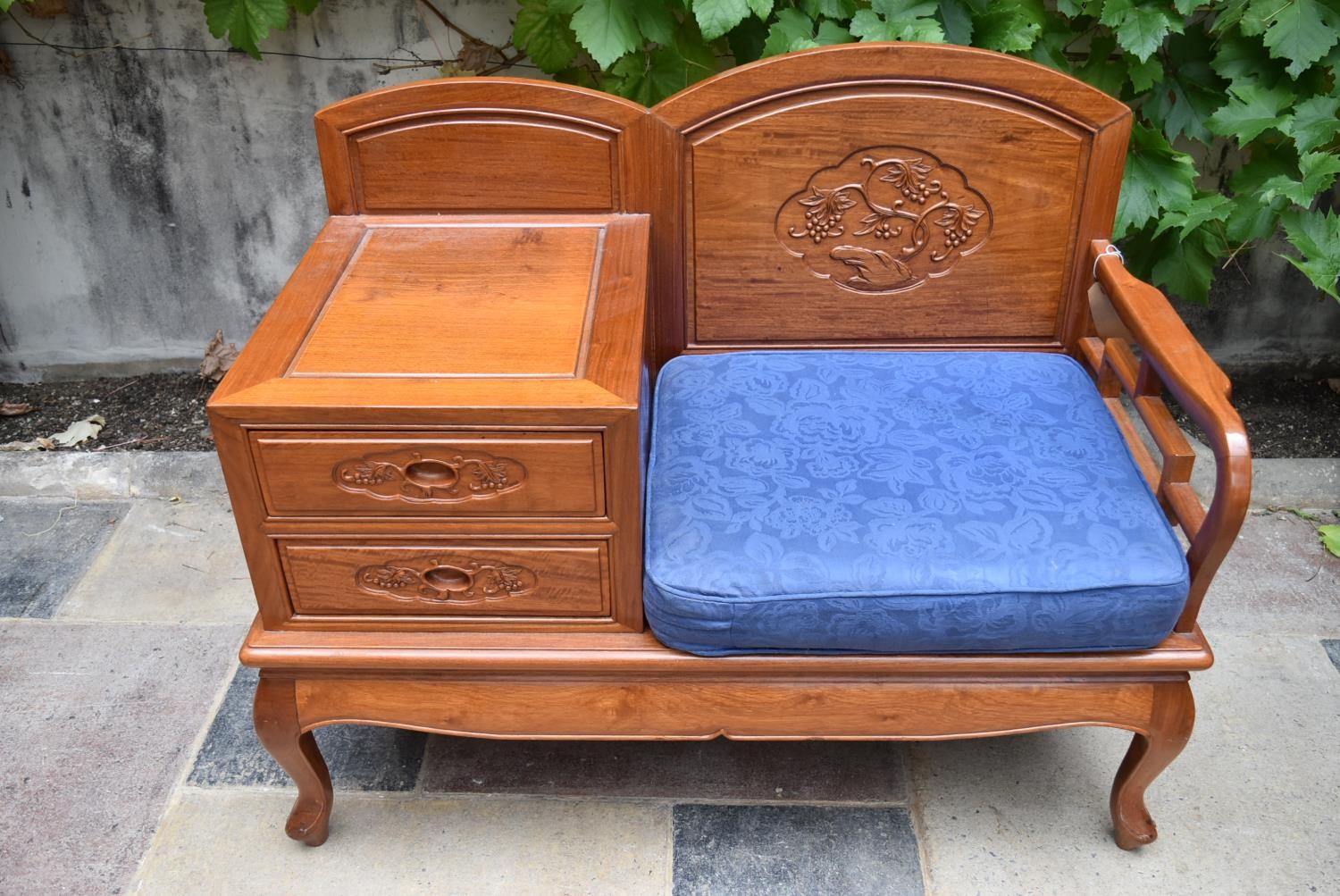 A carved Chinese hardwood hall seat fitted with drawers on cabriole supports. H.79 W.100 D.48cm - Image 2 of 8