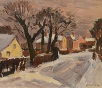 William Warden (1908-1982) a framed oil on board, Sunshine and Snow, Formby, signed, label to the