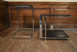 A pair of modernist design chrome framed occasional tables with drop in plate glass tops. H.63 W.