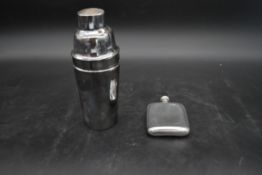 A Mappin and Webb silver plated cocktail shaker and a plated hip flask. H.23cm