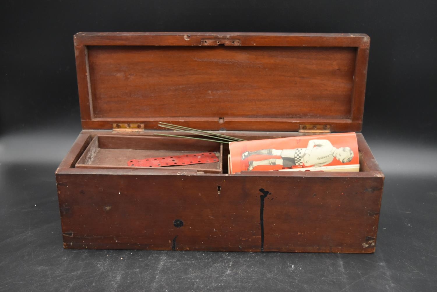 A 19th century mahogany box with fitted lift out trays containing various Mecano pieces. H.15 W.45