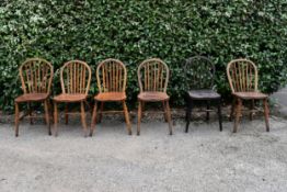 A collection of 6 country Windsor chairs with classical hoop back and spindles. H.65 W.36cm H.65 W.