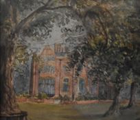 A framed and glazed watercolour, an old manor house through trees, unsigned. H.30 W.34