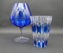 A mid century Val St Lambert blue cut to clear glass crystal vase along with a blown Bristol blue