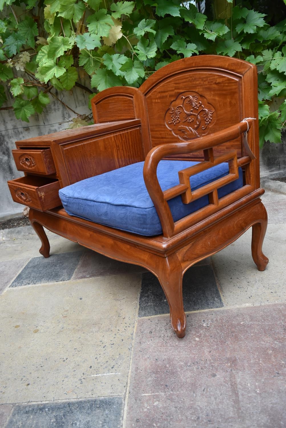 A carved Chinese hardwood hall seat fitted with drawers on cabriole supports. H.79 W.100 D.48cm - Image 3 of 8