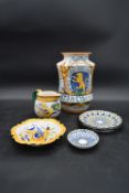 A Majolica tobacco jar, other similar items and a small Russian dish. H.29 W.20cm (large vase)