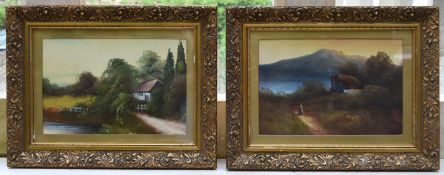 A pair of 19th century gilt framed oils on panel, country landscapes, unsigned. H.34cm W.44cm