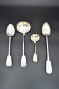 A set of four 19th century silver plated spoons to include a large soup ladle, sauce ladle,