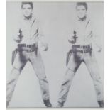 After Andy Warhol, a framed and glazed print titled Double Elvis. H.71 W.39.5cm