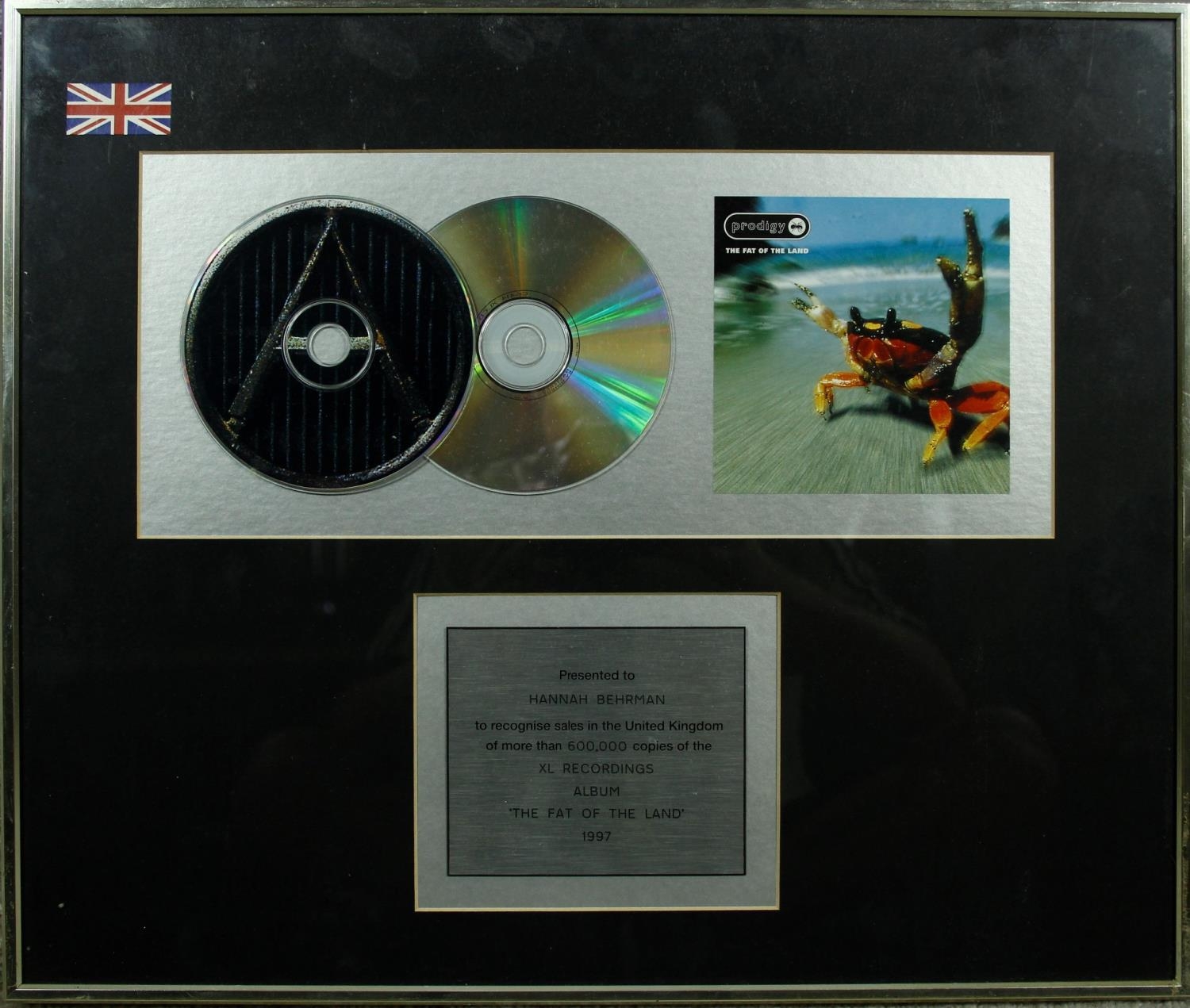 A framed producers presentation for sales of 600,000 copies of Fat of the Land by The Prodigy. H. - Image 2 of 5
