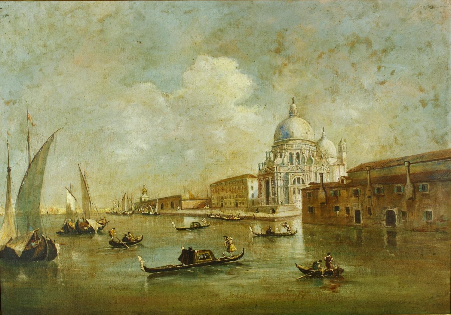 A large 19th century gilt framed oil on canvas, gondolas in Venice with St. Marks in the background,